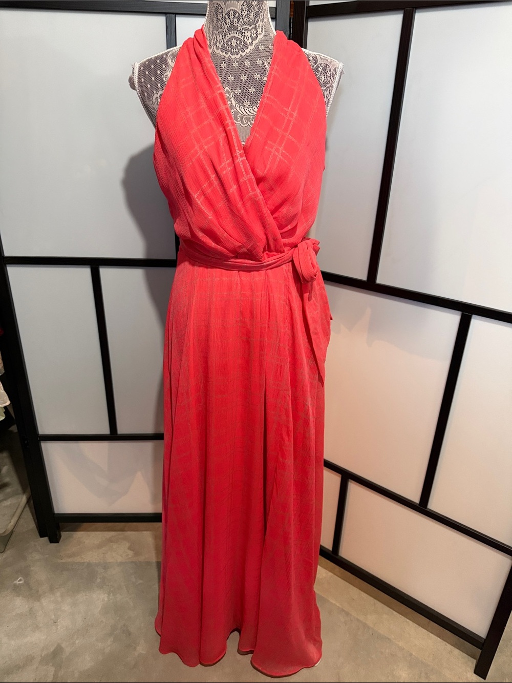 Chetta B Coral-Red Wrap Maxi Dress